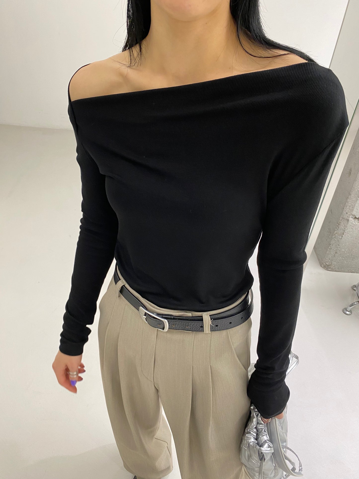 Asymmetrical Neck Rayon Rib Top