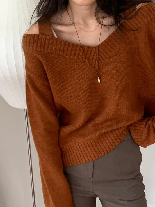 Wool V Neck Off Shoulder Sweater