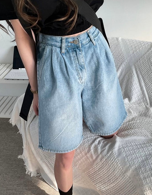 Pleat Front Denim Bermuda Shorts