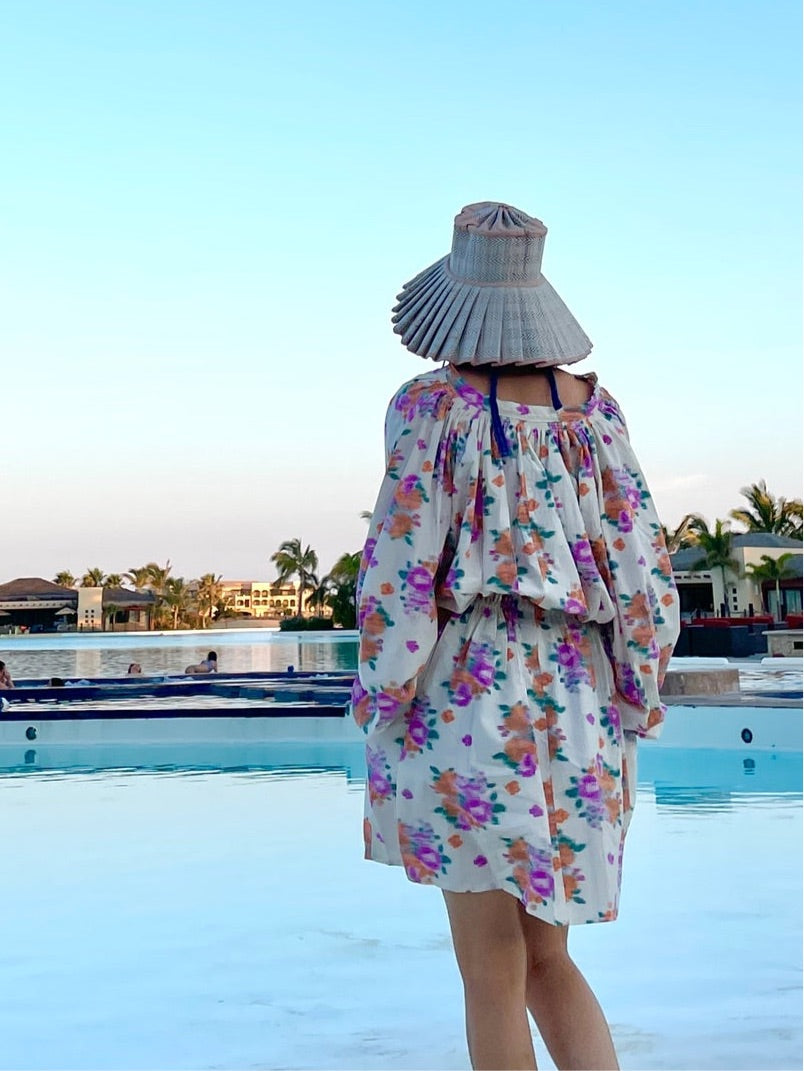 <Abi + Ari Black> Moiré Printed Cotton Mini Kaftan