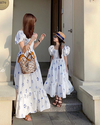 Embroidered Plants Cotton Maxi Dress - Kids